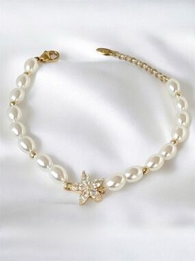 Mother’s Day 🌺 Pearl Bracelet with Cubic Zirconia Lotus Charm | 14k Gold Plated